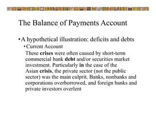 The Balance of Payments Account
•A hypothetical illustration: deficits and debts
•Current Account
These crises were often caused by short-term
commercial bank debt and/or securities market
investment. Particularly in the case of the
Asian crisis, the private sector (not the public
sector) was the main culprit. Banks, nonbanks and
corporations overborrowed, and foreign banks and
private investors overlent
 