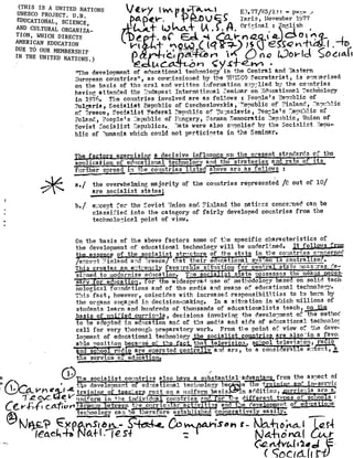 i
(THIS IS A UNITED NATIONS
UNESCO PROJECT . U .N .
EDUCATIONAL, SCIENCE,
AND CULTURAL ORGANIZA-
TION, WHICH DIRECTS
AMERICAN EDUCATION
DUE TO OUR MEMBERSHIP
IN THE UNITED NATIONS .)
M tvy 1 Wkp~ a~j
	
E:).77f fs/1i i - pa!-," ,
,Qr-,
	
'1"
	
) S
	
Paris, November 1-77
or,*_V
kv
	
,
	
?nalish I
e-
+, o C ,
	
'"'
	
r"
Sat vv
	
t
•
	
D IQ'1G ~-`~ r 1 ~ It Q ~4 r- Ic~ ~ C
"The development of educational technology in the Central and ;astern
European countries", as cor~r°_issioned by the U1T3SCO Secretariat, is wimn .arised
on the basis of the oral and written information s p •-1ied b• the countries
having attended the ~,'udapes,. International Ceminar on dgcational Technology
in 1975. The countries involved are as follows t People's ?en..blic of
^ulgaria , Socialist Republic of Czechoslovakia, "'enublic of `'inland, "e' t blic
or reece, Socialist Federal Perltblie o!' `..ru .;oslavie, ?eo;.le's ."ient.t1 is of
Poland, People's _e zblic of -:ngary, "•srnan Democratic ;'enablic, Union of
Soviet Socialist em blics. . ;rata were also *,oplied by the Socialist . :_eru-
blic of -.mania which could not particin?te in the Seminar.
T, a gulm exercising a decisive influence on the present strndarc':s o" the
application of ed,tca iona7. ec no pair and the strategies a :i ra a o_ z s
£rrther spread in rFe countries
	
s ed a •ove ara as followws
a ./ the overwhelming majority of the countries represented /H out of 10/
are socialist states ;,
b ./ eL:ceot for the Soviet 'Jnion and Finland the naticrs concerned can be
classi:"ied into -the category of fairly developed countries from the
technological point of view.
On the basis of the above factors some of t:--e specific characteristics of
the development of educational technology will be underlined . It f011 s from
e of the socialist s+r~ctt+re of the state in tine countries c'nrerned.
e-tcent inland an d Greece f__a'~ tth r 67, ?ca tona l s,r7 em i.s cep ra ize,: .
Thi creates an e::t•e_i_ly favo-arable si_tuatio fn	or centra state ncas. :res d.e-
'~'~let~s ed to z.odorrize education. T,'"osooc„ „s ate possesses the means neces ,
.
say
	
e pica ion or a widespra ,i use of meteiodology based on solid tech,
nolopica1 fo md?tions and of the media and means or edl.tcational technology.
This fact, however, coir_c •ides with increased responsibilities to 1e born by
the organs 3zngaged in ciecision-raking . In a sitration in which millions of
students learn and hundreds of thousands of educationalists teach, on
bag is of =i_ igd eurrivila , decisions involving the d.evelo-:ment of the method
o be adopted in e6?ca+.ion and of the media and aids of educational technoloE
call for very thorough preparatory work. From the point of view of the dcve-
he soclopment of educational technology
v .on, ratioable Vva_ti.on bWVse
	
'^
	
tha
	
s : of telr
n3 sc:001 x4dio are o erated contra
	
and ar-, to aaccc side ra _e e:..t
	
't a'er ,
t . a serv? ce o~ ed:tca won..
The socialist countries also have a substantial •advai arr from the aspect of
'
	
~',e develonmeh o ed:_ca 3 onal technology 'e
	
e ~e t
	
r -tc' ? n-sex •i('
VP) ,~'
	
training o
	
re^t on a unifona basis
	
_n addition, ,curric~1a are
T .~ ~G We- V +uniform in the individual coun rtes
	
e d' f rent t-1 as of scr.ools <
etze on t:^e ctirric•alar a t? vies an
	
':e ee e opnient of edui a ; o-la '
ec' y can bellshed co~;narativel ease • . ~_
.? ~C X
	
1St
	
_
	
~{x~c,-~,~t. (it s
	
c~.Nt s' a +n s - ~A+i D ~~.a.. I
	
Q S4
N +~
	
~
CW-r-+vc_( 44A .0 d
	
.40.
t Soc( ..(t
 