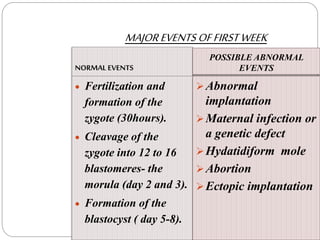 MAJOREVENTS OFFIRSTWEEK
NORMAL EVENTS
POSSIBLE ABNORMAL
EVENTS
 Fertilization and
formation of the
zygote (30hours).
 Cleavage of the
zygote into 12 to 16
blastomeres- the
morula (day 2 and 3).
 Formation of the
blastocyst ( day 5-8).
Abnormal
implantation
Maternal infection or
a genetic defect
Hydatidiform mole
Abortion
Ectopic implantation
 