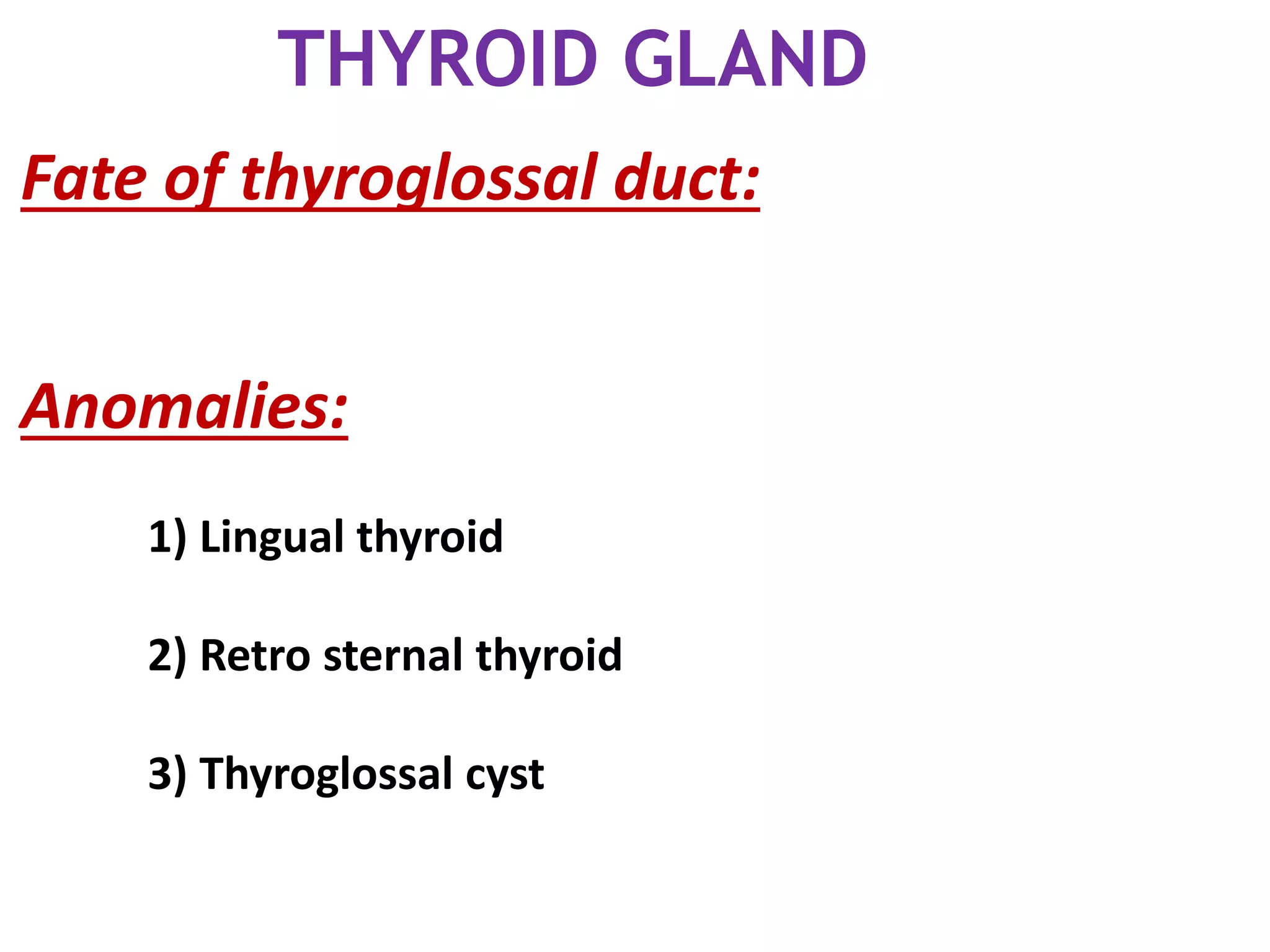 Fate of thyroglossal duct:
Anomalies:
1) Lingual thyroid
2) Retro sternal thyroid
3) Thyroglossal cyst
THYROID GLAND
 