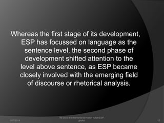 Whereas the first stage of its development, 
ESP has focussed on language as the 
sentence level, the second phase of 
development shifted attention to the 
level above sentence, as ESP became 
closely involved with the emerging field 
of discourse or rhetorical analysis. 
12 
file asus d:britishbritaniamateri kuliahESP. 
10/7/2014 ghofur. 
 