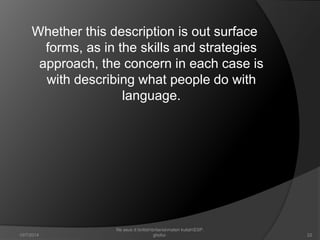 Whether this description is out surface 
forms, as in the skills and strategies 
approach, the concern in each case is 
with describing what people do with 
language. 
22 
file asus d:britishbritaniamateri kuliahESP. 
10/7/2014 ghofur. 
 