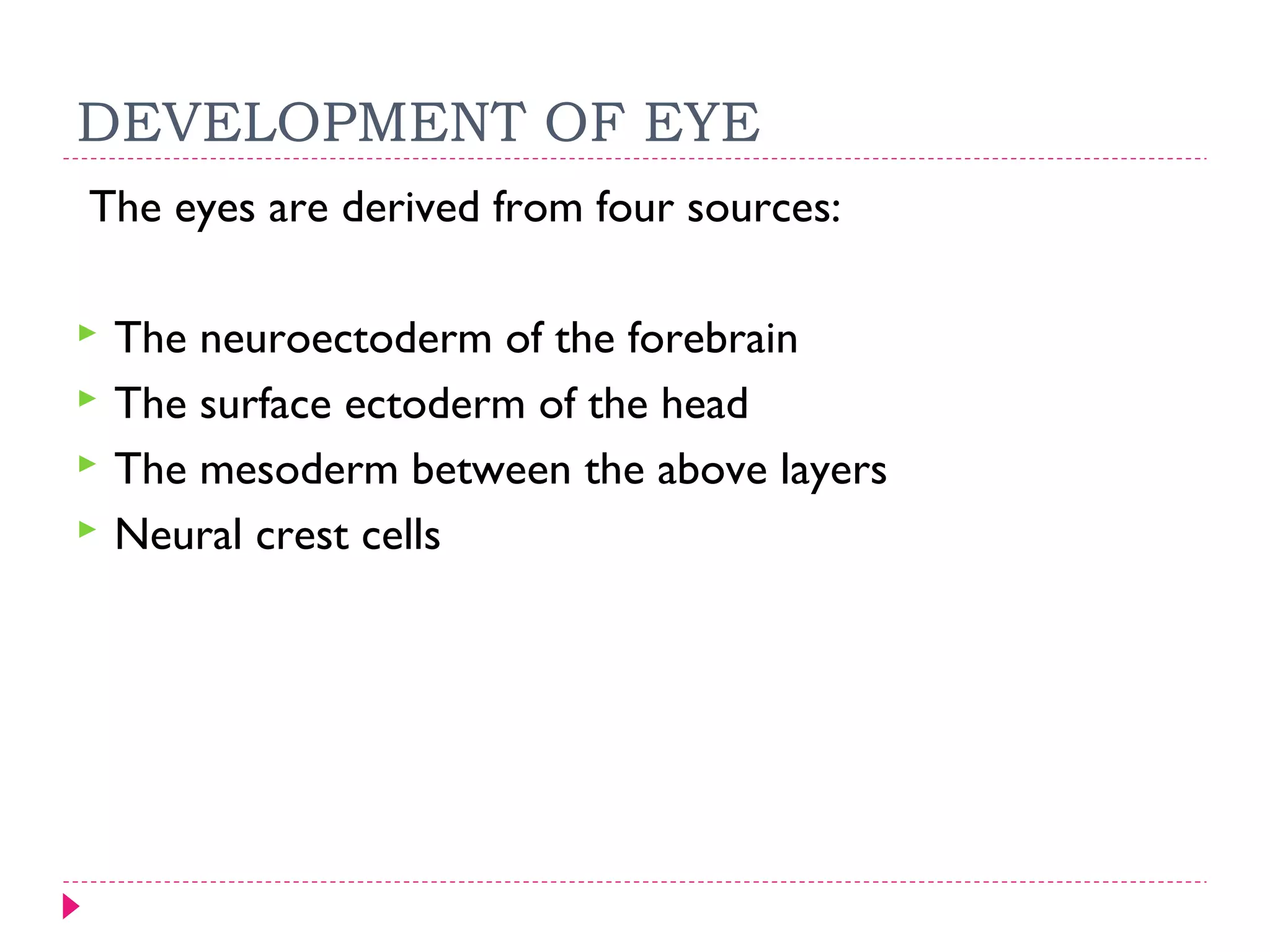 DEVELOPMENT OF EYE
The eyes are derived from four sources:





The neuroectoderm of the forebrain
The surface ectoderm of the head
The mesoderm between the above layers
Neural crest cells

 