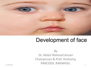 Development of face
By
Dr. Abdul Waheed Ansari
Chairperson & Prof. Anatomy,
RAKCODS. RAKMHSU.12/18/2014 1
 