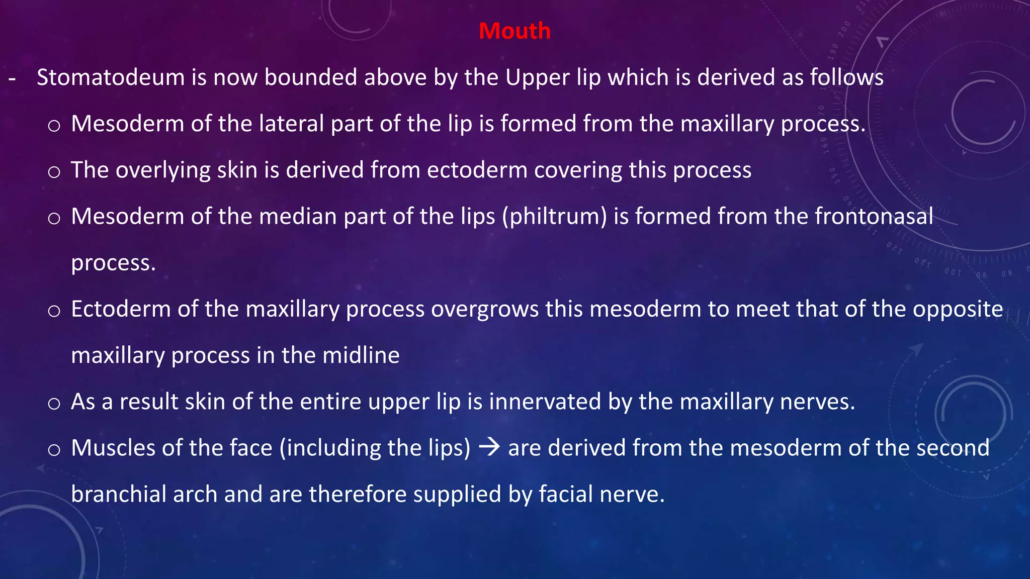 Mouth
- Stomatodeum is now bounded above by the Upper lip which is derived as follows
o Mesoderm of the lateral part of the lip is formed from the maxillary process.
o The overlying skin is derived from ectoderm covering this process
o Mesoderm of the median part of the lips (philtrum) is formed from the frontonasal
process.
o Ectoderm of the maxillary process overgrows this mesoderm to meet that of the opposite
maxillary process in the midline
o As a result skin of the entire upper lip is innervated by the maxillary nerves.
o Muscles of the face (including the lips)  are derived from the mesoderm of the second
branchial arch and are therefore supplied by facial nerve.
 