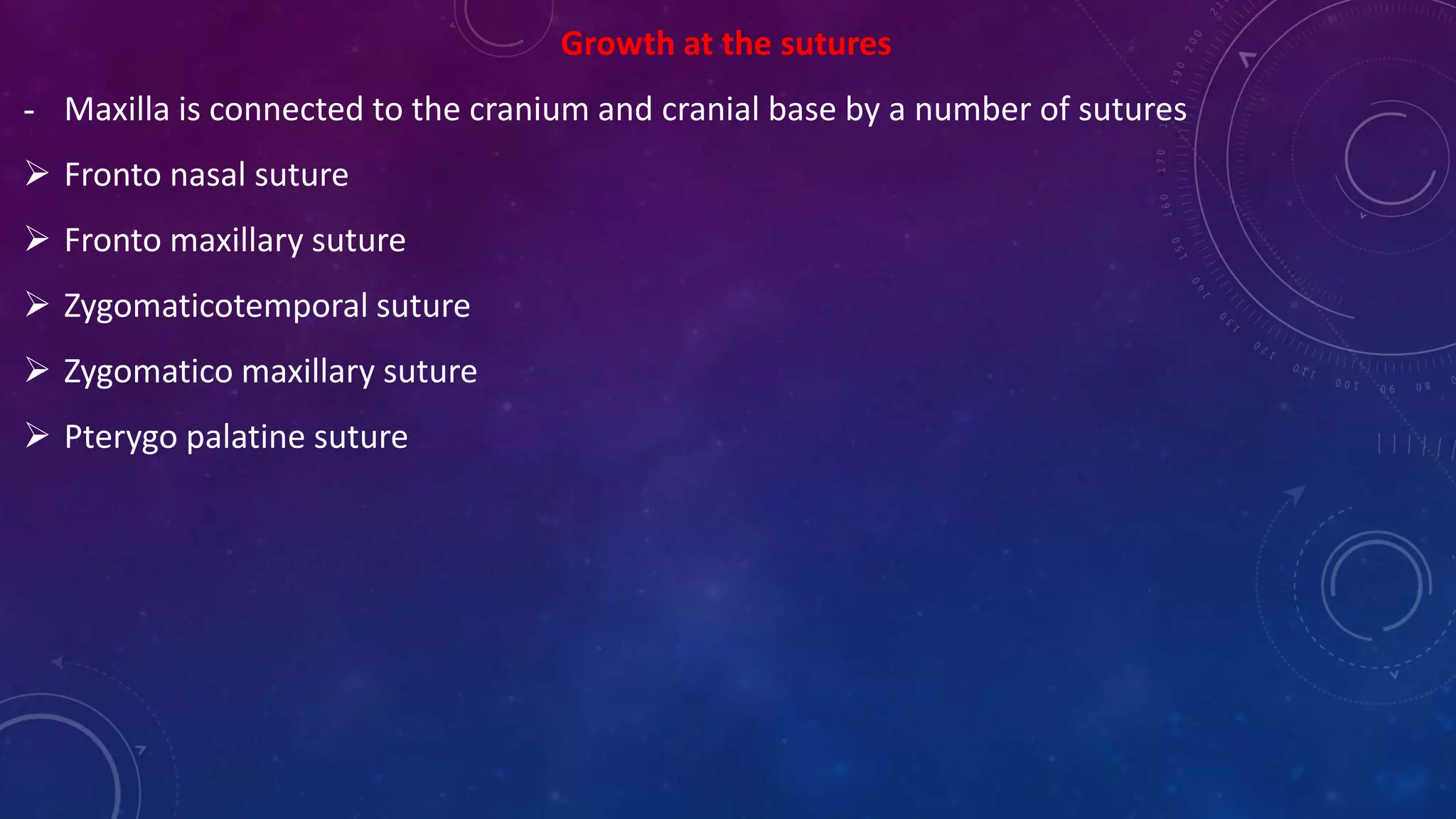 Growth at the sutures
- Maxilla is connected to the cranium and cranial base by a number of sutures
 Fronto nasal suture
 Fronto maxillary suture
 Zygomaticotemporal suture
 Zygomatico maxillary suture
 Pterygo palatine suture
 