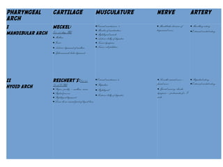 II.
HYOID ARCH
REICHERT’S:
(45-48 DAY IU)
Stapes, partly – malleus, incus,
styloid process, stylohyoid lig, lesser
horn and cranial part of hyoid bone
Cranial somitomere-6
Stapedius, stylohyoid, post. Belly of digastric
Seventh cranial N –
facial N
Spec. sensory:
chorda tympani –
pretrematic for Iarch
Stapedial A
ECA
PHARYNGEAL
ARCH
CARTILAGE MUSCULATURE NERVE ARTERY
I
MANDIBULAR ARCH
MECKEL:
(41 -45 day IU)
●Malleus
●Incus
●Anterior ligament of malleus
●Sphenomandi-bular ligament
●Cranial somitomere -4
●Muscles of mastication
●Mylohyoid muscle
●Anterior belly of digastric
●Tensor tympani
●Tensor veli palatini
●Mandibular division of
trigeminal nerve
●Maxillary artery
●External carotid artery
II
HYOID ARCH
REICHERT’S:(45-48
DAY IU)
●Stapes, partly – malleus, incus
●Styloid process
●Stylohyoid ligament
●Lesser horn cranial part of hyoid bone
●Cranial somitomere-6
●Stapedius
●Stylohyoid
●Posterior belly of digastric
●Seventh cranial nerve –
facial nerve
●Special sensory: chorda
tympani – pretrematic for I
arch
●Stapedial artery
●External carotid artery
 