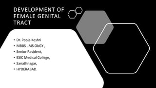 DEVELOPMENT OF
FEMALE GENITAL
TRACT
• Dr. Pooja Keshri
• MBBS , MS ObGY ,
• Senior Resident,
• ESIC Medical College,
• Sanathnagar,
• HYDERABAD.
 