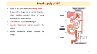 Blood supply of GIT
• Dorsal to the gut tube lies the Dorsal Aorta.
• It gives off a large no of ventral branches
called v...