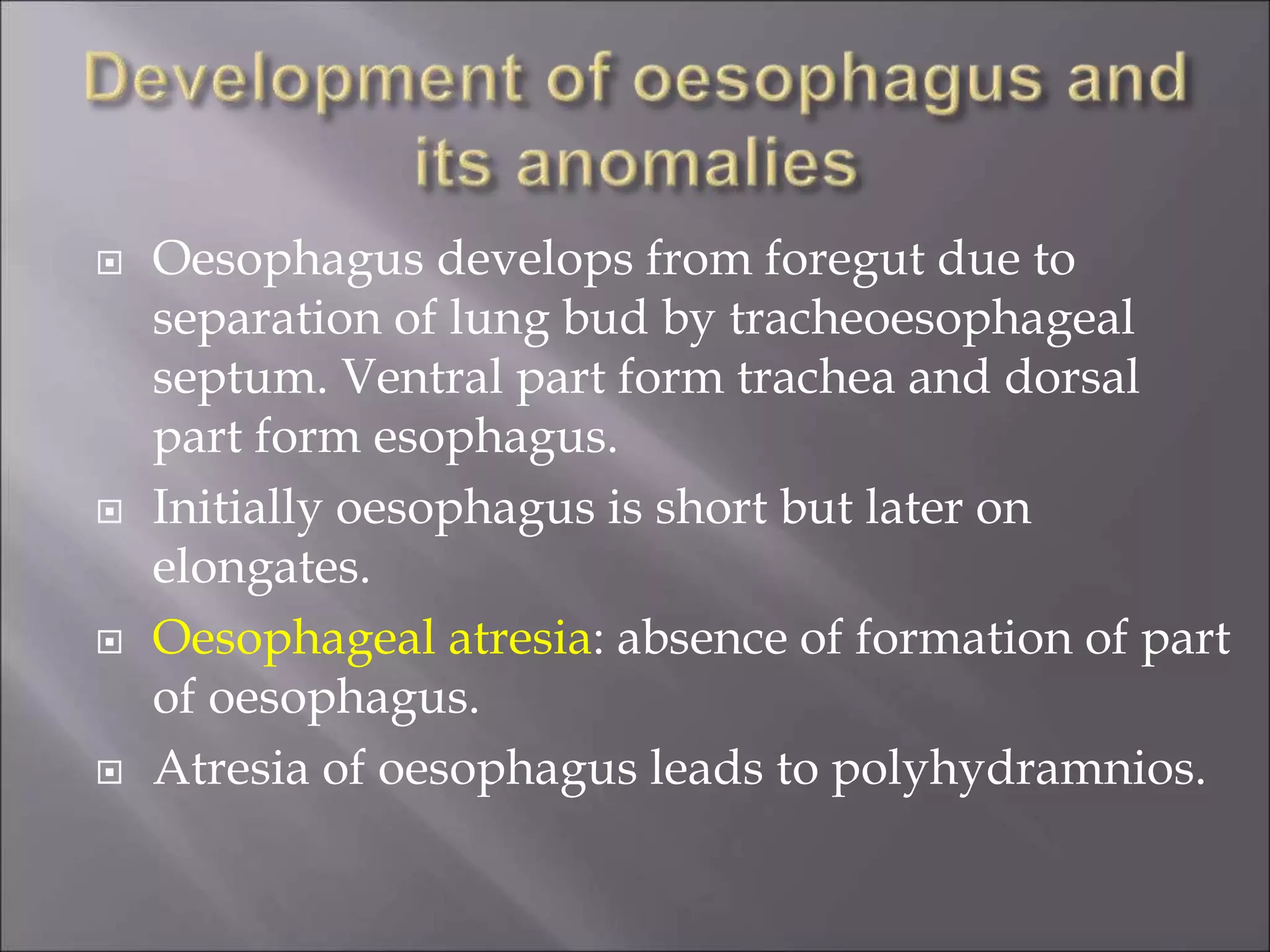  Oesophagus develops from foregut due to
separation of lung bud by tracheoesophageal
septum. Ventral part form trachea and dorsal
part form esophagus.
 Initially oesophagus is short but later on
elongates.
 Oesophageal atresia: absence of formation of part
of oesophagus.
 Atresia of oesophagus leads to polyhydramnios.
 