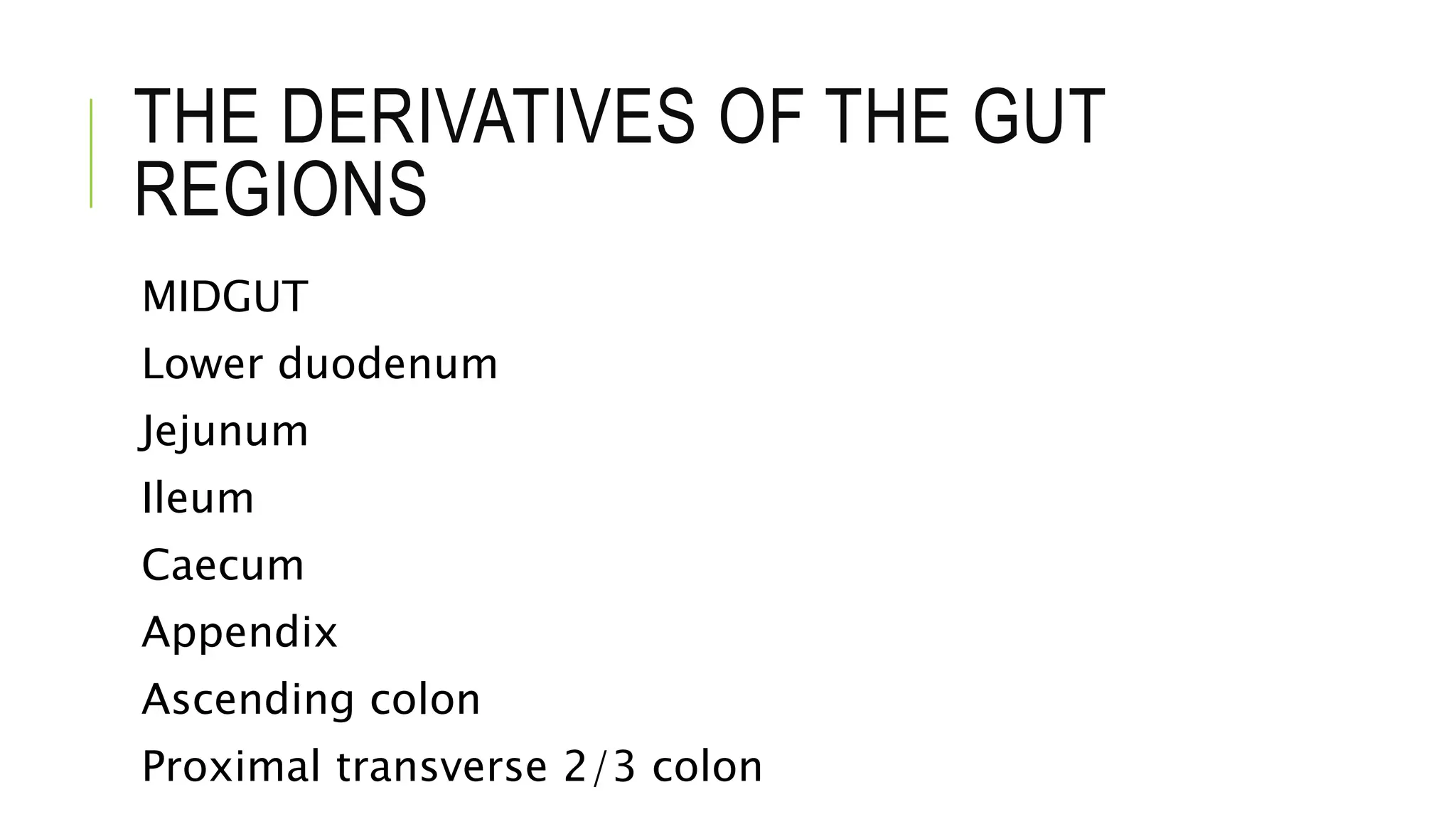 THE DERIVATIVES OF THE GUT
REGIONS
MIDGUT
Lower duodenum
Jejunum
Ileum
Caecum
Appendix
Ascending colon
Proximal transverse 2/3 colon
 