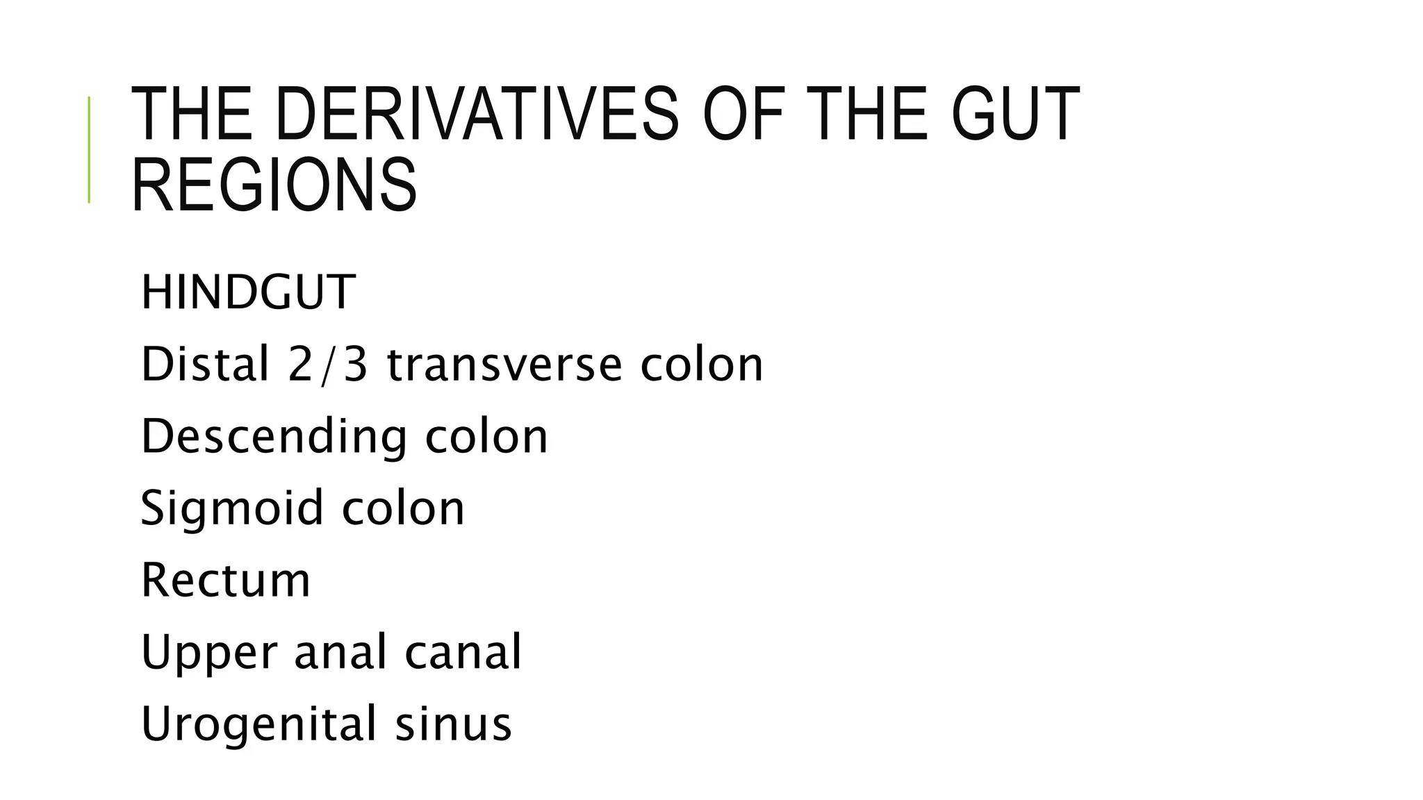 THE DERIVATIVES OF THE GUT
REGIONS
HINDGUT
Distal 2/3 transverse colon
Descending colon
Sigmoid colon
Rectum
Upper anal canal
Urogenital sinus
 