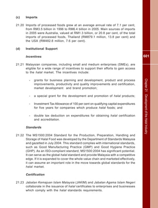 601
Chapter21DevelopmentoftheHalalIndustry
(c) Imports
21.20 Imports of processed foods grew at an average annual rate of 7.1 per cent,
from RM3.5 billion in 1996 to RM6.4 billion in 2005. Main sources of imports
in 2005 were Australia, valued at RM1.3 billion, or 20.8 per cent, of the total
imports of processed foods, Thailand (RM879.1 million, 13.8 per cent) and
the USA (RM482.8 million, 7.6 per cent).
(d) Institutional Support
Incentives
21.21 Malaysian companies, including small and medium enterprises (SMEs), are
eligible for a wide range of incentives to support their efforts to gain access
to the halal market. The incentives include:
- grants for business planning and development, product and process
improvements, productivity and quality improvements and certification,
market development and brand promotion;
- a special grant for the development and promotion of halal products;
- Investment Tax Allowance of 100 per cent on qualifying capital expenditures
for five years for companies which produce halal foods; and
- double tax deduction on expenditures for obtaining halal certification
and accreditation.
Standards
21.22 The MS1500:2004 Standard for the Production, Preparation, Handling and
Storage of Halal Food was developed by the Department of Standards Malaysia
and gazetted in July 2004. This standard complies with international standards,
such as Good Manufacturing Practice (GMP) and Good Hygiene Practice
(GHP). As an ISO-compliant standard, MS1500:2004 has significant potential.
It can serve as the global halal standard and provide Malaysia with a competitive
edge. If it is expanded to cover the whole value chain and marketed effectively,
it can assume an important role in the move towards global standards for the
halal market.
Certification
21.23 Jabatan Kemajuan Islam Malaysia (JAKIM) and Jabatan Agama Islam Negeri
collaborate in the issuance of halal certificates to enterprises and businesses
which comply with the halal standards requirements.
 