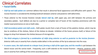 Clinical Correlates
• Facial Clefts
• Cleft lip and cleft palate are common defects that result in abnormal facial appearance and difficulties with speech. The
incisive foramen is considered the dividing landmark between anterior and posterior cleft deformities.
• Those anterior to the incisive foramen include lateral cleft lip, cleft upper jaw, and cleft between the primary and
secondary palates . Such defects are due to a partial or complete lack of fusion of the maxillary prominence with the
medial nasal prominence on one or both sides.
• Cleft (secondary) palate and cleft uvula , Cleft palate results from a lack of fusion of the palatine shelves, which may be
due to smallness of the shelves, failure of the shelves to elevate. inhibition of the fusion process itself, or failure of the
tongue to drop from between the shelves because of micrognathia.
• The third category is formed by a combination of clefts lying anterior as well as posterior to the incisive foramen .
Anterior clefts vary in severity from a barely visible defect in the vermilion of the lip to extension into the nose.
• In severe cases, the cleft extends to a deeper level, forming a cleft of the upper jaw, and the maxilla is spit between the
lateral incisor and the canine tooth . Frequently, such a cleft extends to the incisive foramen . Likewise, posterior clefts
vary in severity from clefting of the entire secondary palate . Mohamed el fiky
 