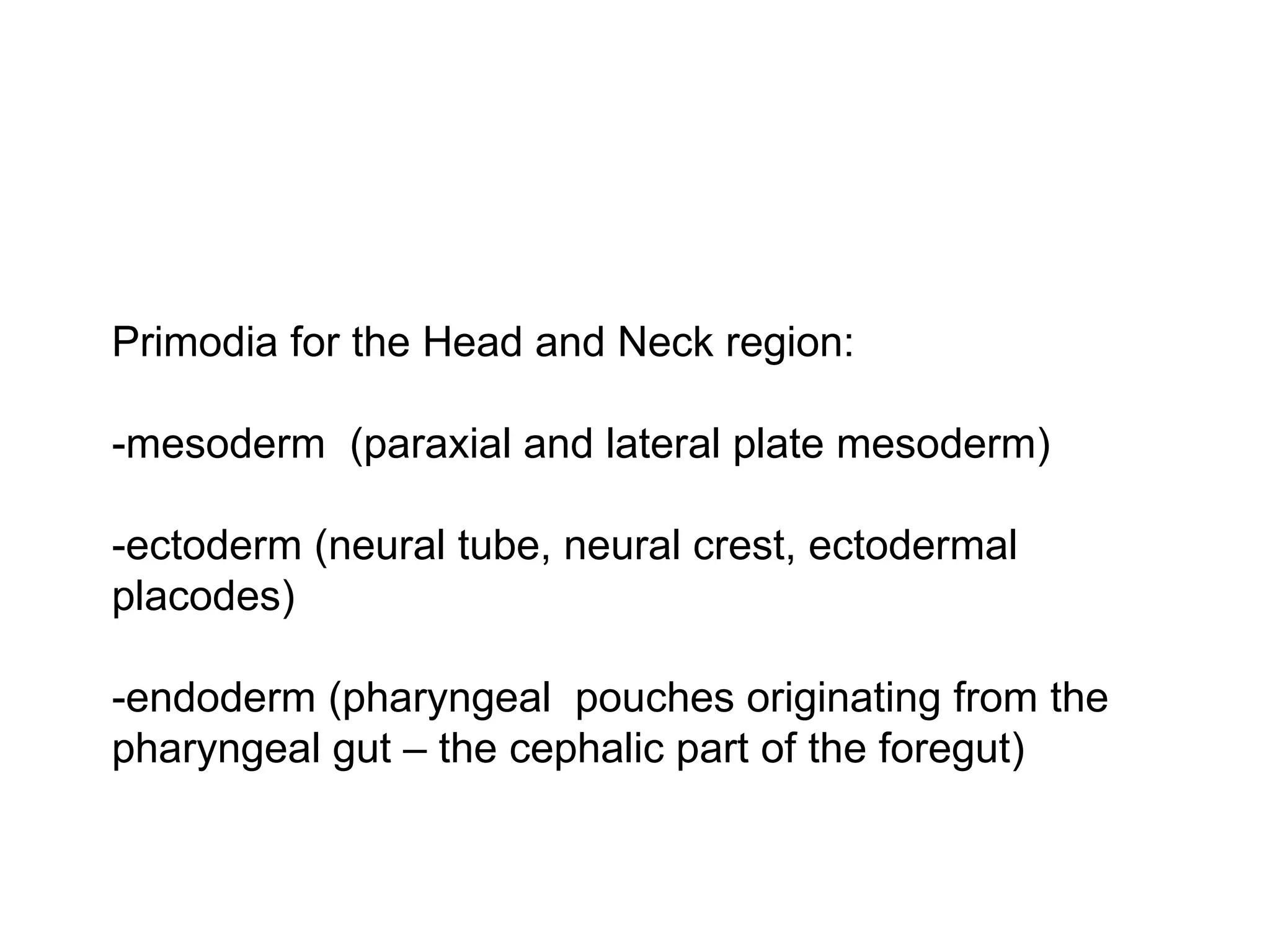 Primodia for the Head and Neck region: -mesoderm  (paraxial and lateral plate mesoderm) -ectoderm (neural tube, neural crest, ectodermal placodes) -endoderm (pharyngeal  pouches originating from the pharyngeal gut – the cephalic part of the foregut)  