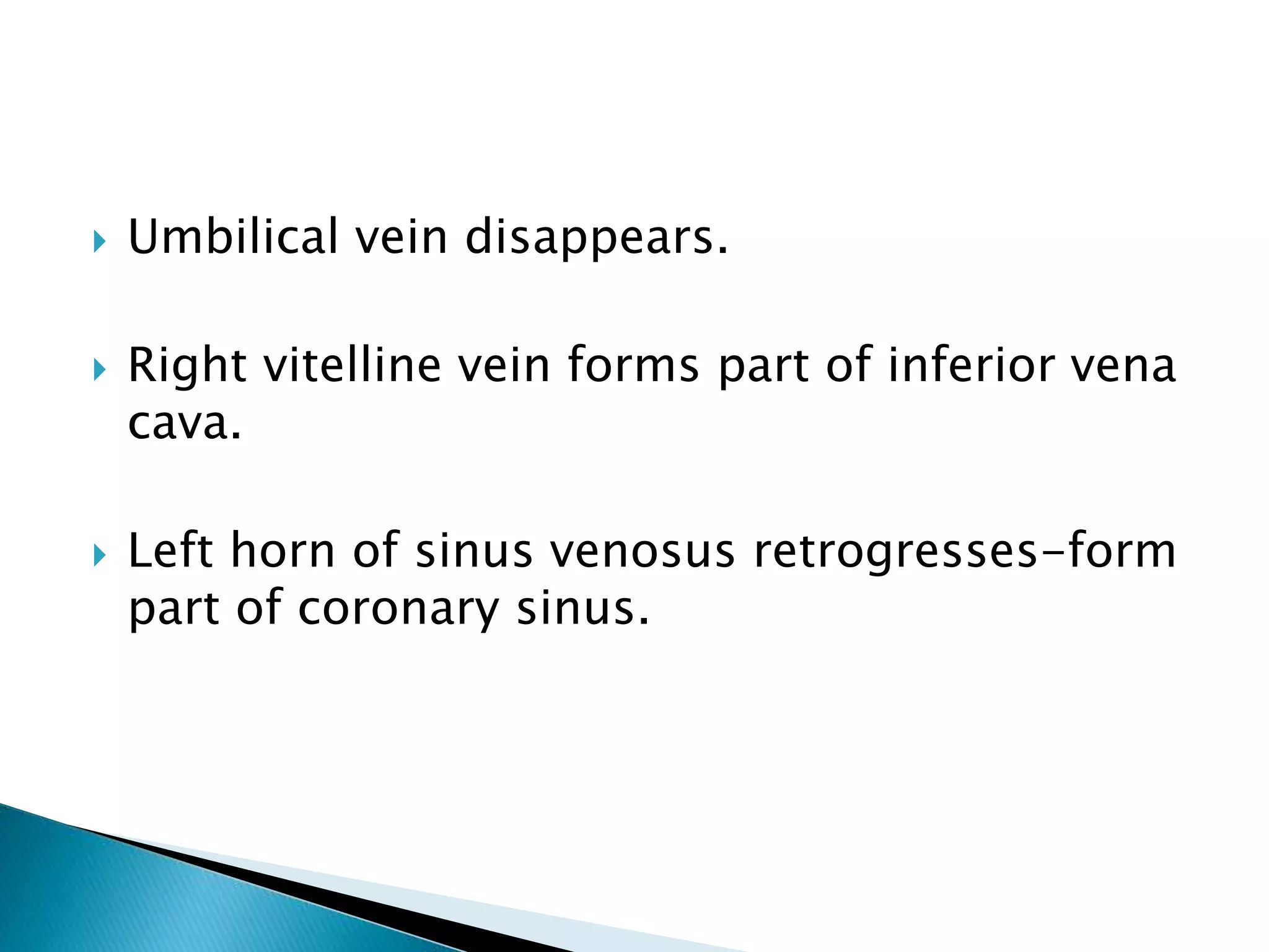  Umbilical vein disappears.
 Right vitelline vein forms part of inferior vena
cava.
 Left horn of sinus venosus retrogresses-form
part of coronary sinus.
 