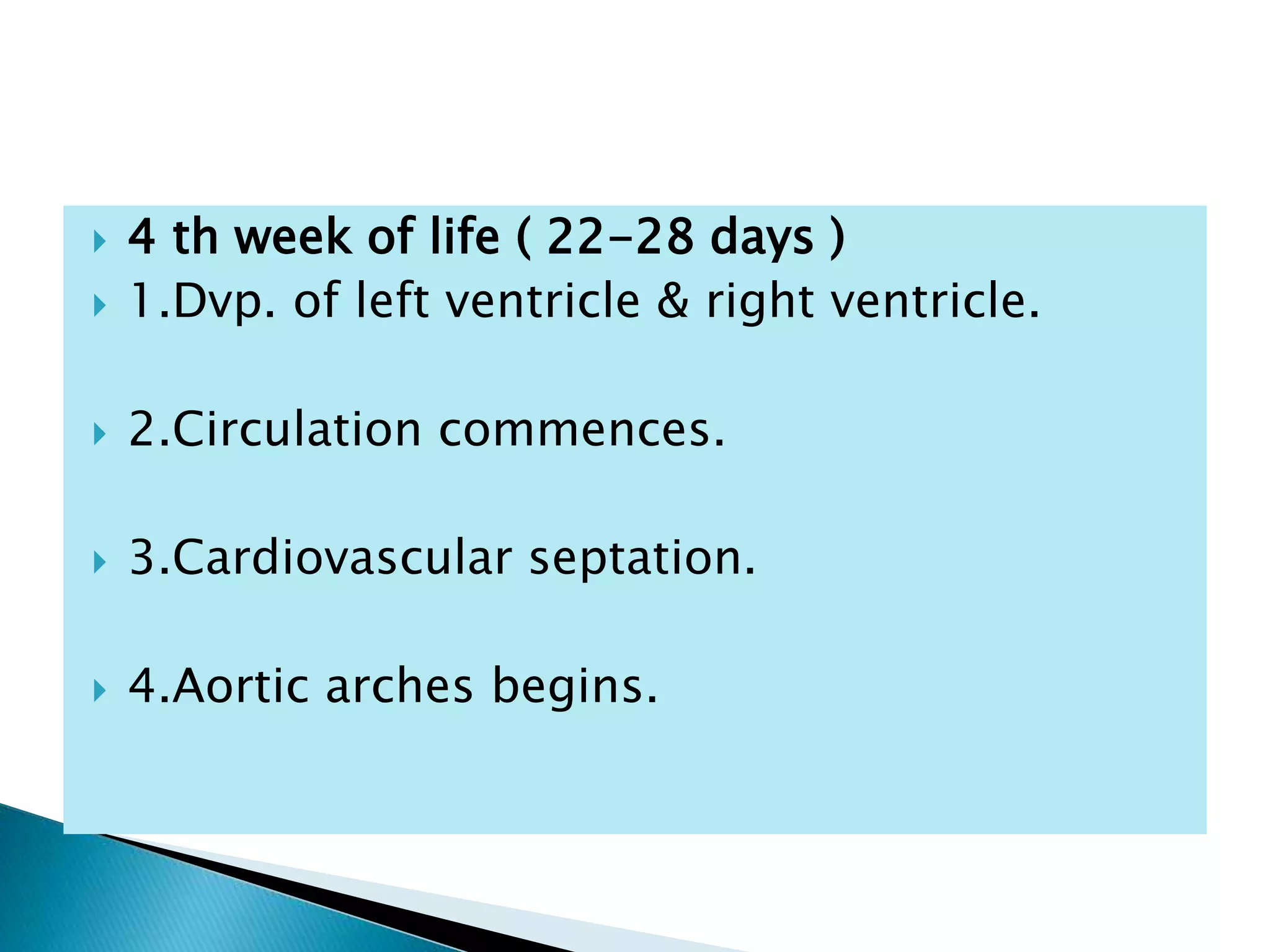  4 th week of life ( 22-28 days )
 1.Dvp. of left ventricle & right ventricle.
 2.Circulation commences.
 3.Cardiovascular septation.
 4.Aortic arches begins.
 