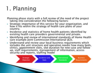 Strategic
Objective
Incidence and
Stats
International
Standards
Business
Requirements
Planning phase starts with a full review of the need of the project
taking into consideration the following factors:
 Strategic importance of this service for your organization, and
how it fits within the strategy of health care plans of your
country.
 Incidence and statistics of home health patients identified by
existing health care providers governmental and private.
 Identifying and review of international standards of Home Health
care example Joint Commission International (JCI).
 Understand and review your local business requirements which
includes the unit structure and operation needs( how many beds,
clinics, appointment slots, slot duration for new case and follow
up, staff requirements, management of information, access
security and reports, staffing model
 