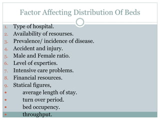 Factor Affecting Distribution Of Beds
1. Type of hospital.
2. Availability of resourses.
3. Prevalence/ incidence of disease.
4. Accident and injury.
5. Male and Female ratio.
6. Level of experties.
7. Intensive care problems.
8. Financial resources.
9. Statical figures,
 average length of stay.
 turn over period.
 bed occupency.
 throughput.
 