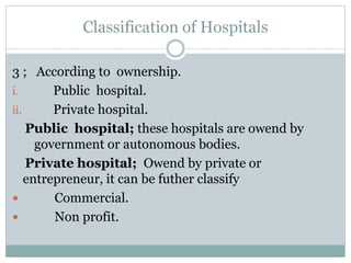 Classification of Hospitals
3 ; According to ownership.
i. Public hospital.
ii. Private hospital.
Public hospital; these hospitals are owend by
government or autonomous bodies.
Private hospital; Owend by private or
entrepreneur, it can be futher classify
 Commercial.
 Non profit.
 