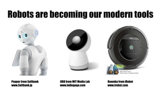 Robots are becoming our modern tools
Pepper from Softbank
www.Softbank.jp
JIBO from MIT Media Lab
www.indiegogo.com
Roomba from iRobot
www.irobot.com
 