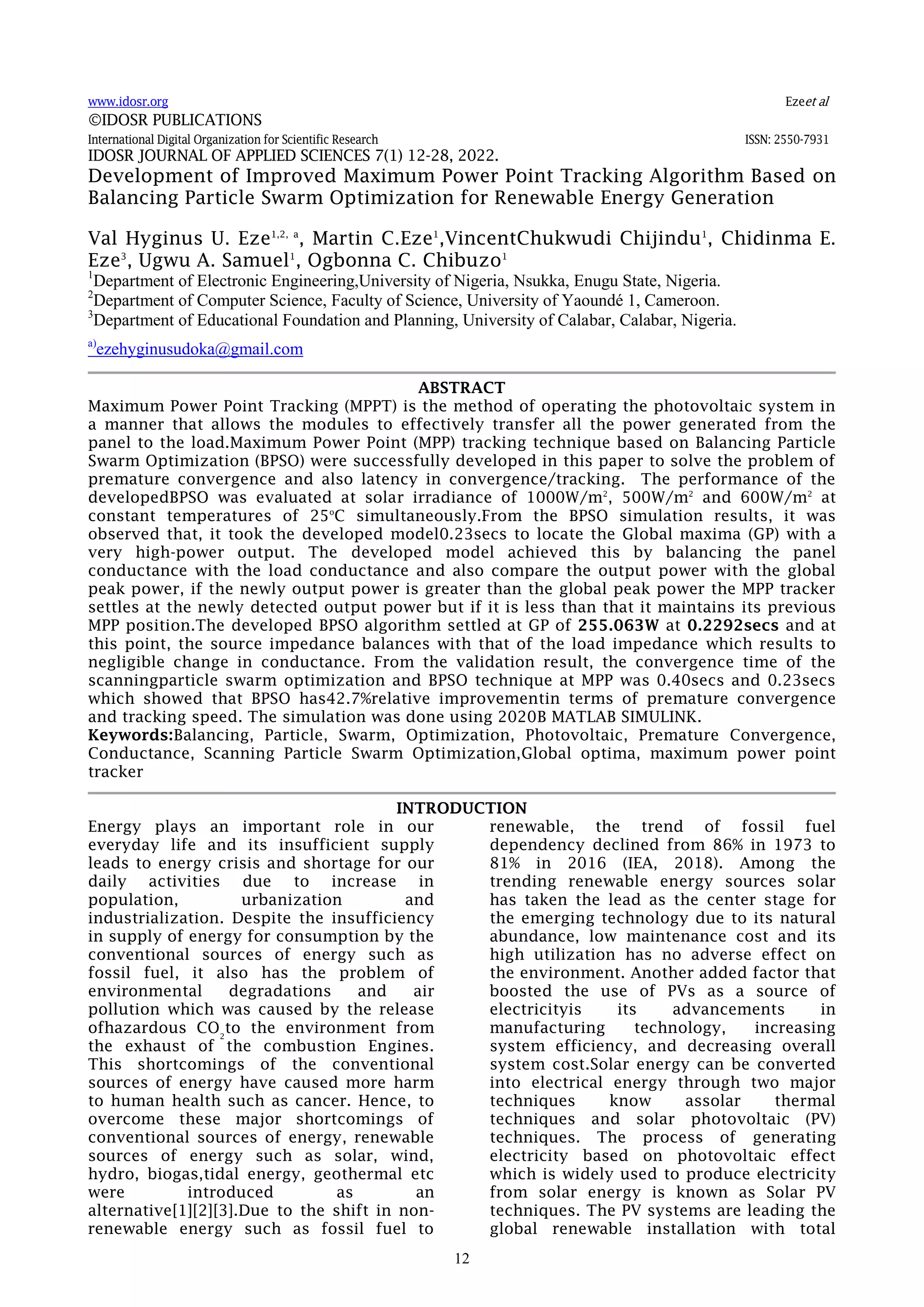 Development of Improved MPPT Algorithm Based on Balancing PSO for ... image.