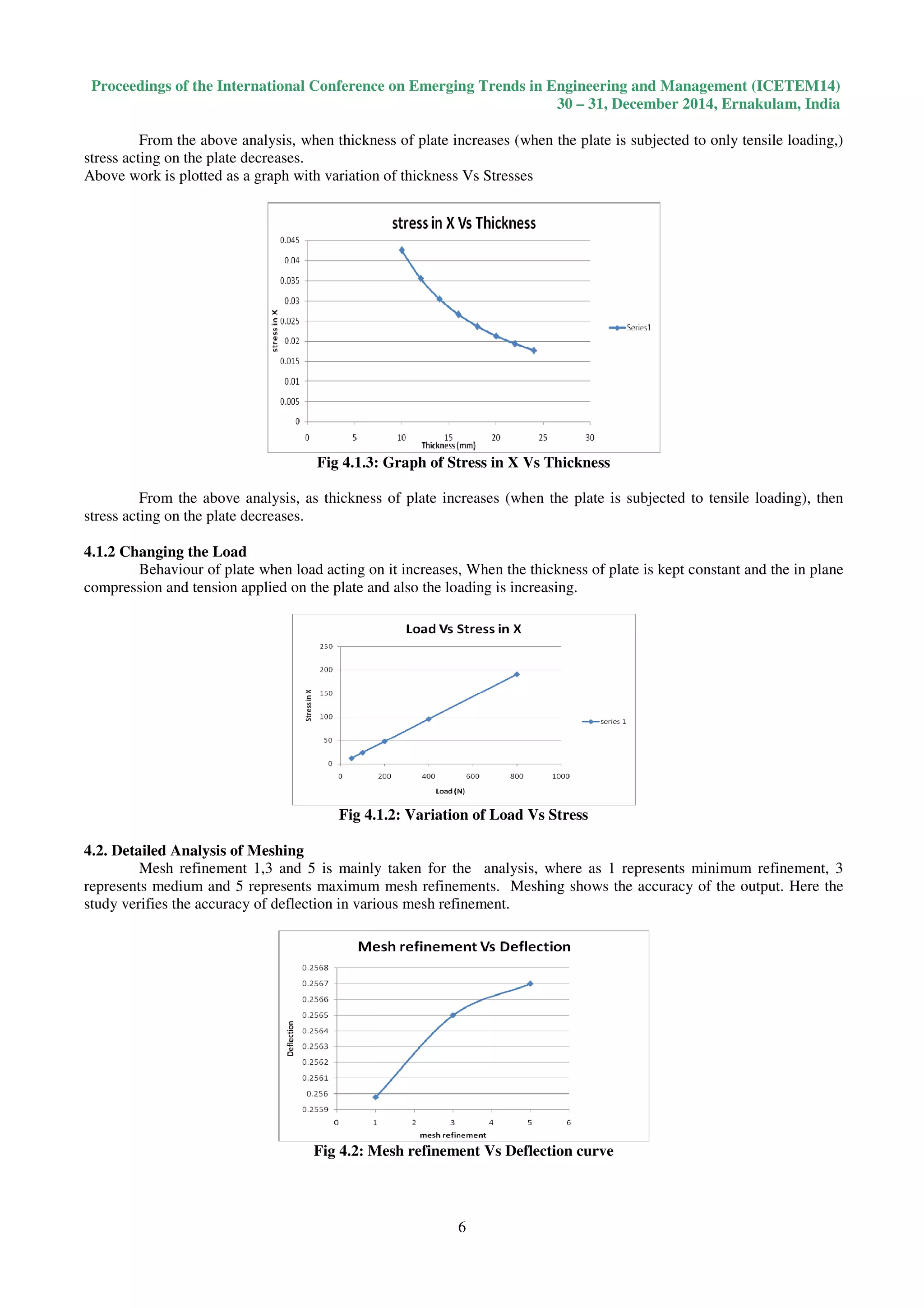 Proceedings of the International Conference on Emerging Trends in Engineering and Management (ICETEM14)
30 – 31, December 2014, Ernakulam, India
6
From the above analysis, when thickness of plate increases (when the plate is subjected to only tensile loading,)
stress acting on the plate decreases.
Above work is plotted as a graph with variation of thickness Vs Stresses
Fig 4.1.3: Graph of Stress in X Vs Thickness
From the above analysis, as thickness of plate increases (when the plate is subjected to tensile loading), then
stress acting on the plate decreases.
4.1.2 Changing the Load
Behaviour of plate when load acting on it increases, When the thickness of plate is kept constant and the in plane
compression and tension applied on the plate and also the loading is increasing.
Fig 4.1.2: Variation of Load Vs Stress
4.2. Detailed Analysis of Meshing
Mesh refinement 1,3 and 5 is mainly taken for the analysis, where as 1 represents minimum refinement, 3
represents medium and 5 represents maximum mesh refinements. Meshing shows the accuracy of the output. Here the
study verifies the accuracy of deflection in various mesh refinement.
Fig 4.2: Mesh refinement Vs Deflection curve
 