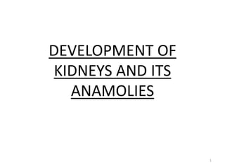 DEVELOPMENT OF
KIDNEYS AND ITS
ANAMOLIES
1
 