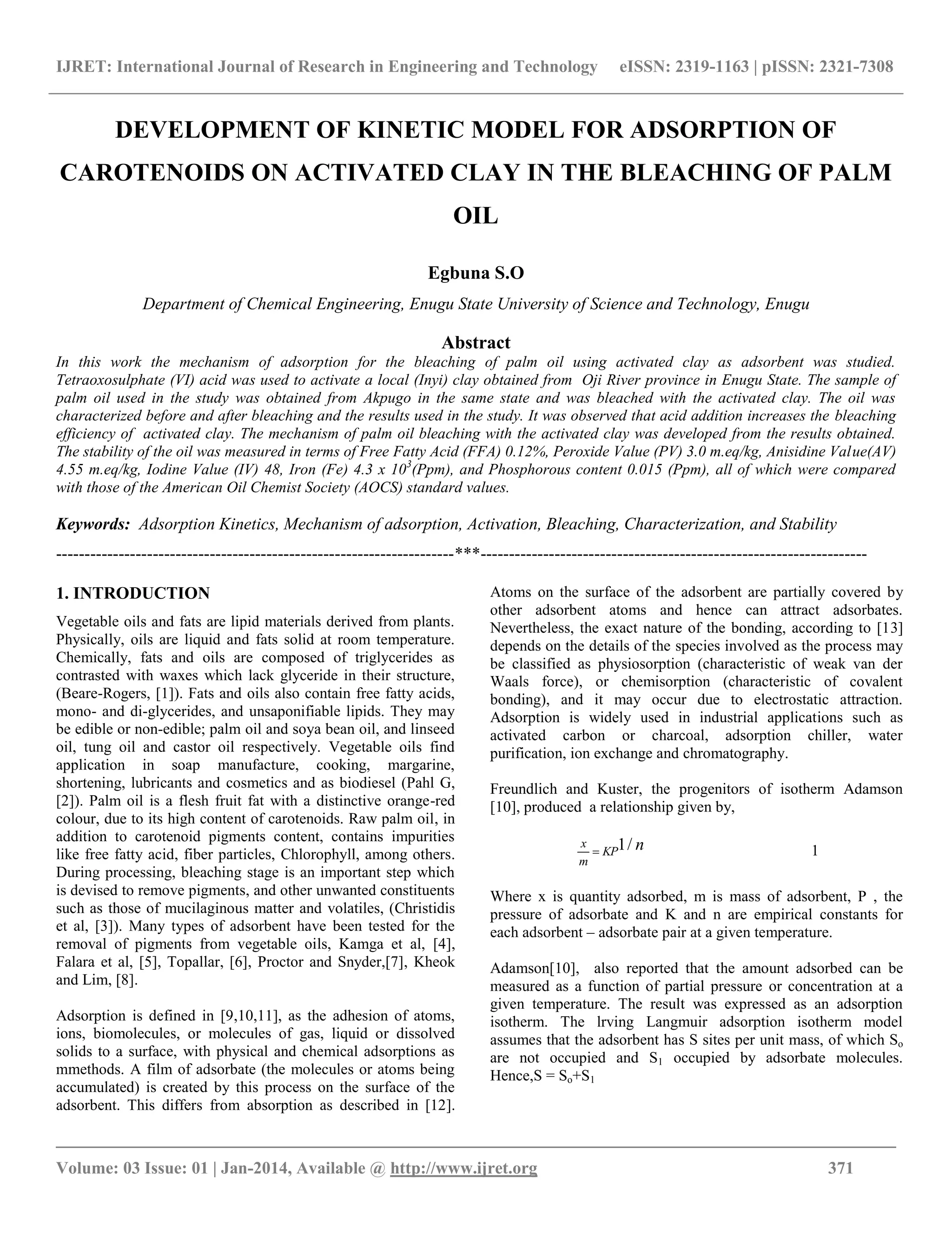 Development of model for adsorption of carotenoids on activated