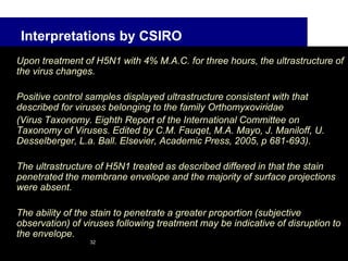 Interpretations by CSIRO
Upon treatment of H5N1 with 4% M.A.C. for three hours, the ultrastructure of
the virus changes.
Positive control samples displayed ultrastructure consistent with that
described for viruses belonging to the family Orthomyxoviridae
(Virus Taxonomy. Eighth Report of the International Committee on
Taxonomy of Viruses. Edited by C.M. Fauqet, M.A. Mayo, J. Maniloff, U.
Desselberger, L.a. Ball. Elsevier, Academic Press, 2005, p 681-693).
The ultrastructure of H5N1 treated as described differed in that the stain
penetrated the membrane envelope and the majority of surface projections
were absent.
The ability of the stain to penetrate a greater proportion (subjective
observation) of viruses following treatment may be indicative of disruption to
the envelope.
32
 
