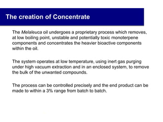 The creation of Concentrate
The Melaleuca oil undergoes a proprietary process which removes,
at low boiling point, unstable and potentially toxic monoterpene
components and concentrates the heavier bioactive components
within the oil.
The system operates at low temperature, using inert gas purging
under high vacuum extraction and in an enclosed system, to remove
the bulk of the unwanted compounds.
The process can be controlled precisely and the end product can be
made to within a 3% range from batch to batch.
9
 