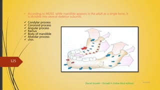 4/14/2018
125
• According to MOSS while mandible appears in the adult as a single bone, it
is divisible into several skeleton subunits
 Condylar process
 Coronoid process
 Angular process
 Ramus
 Body of mandible
 Alveolar process
 chin.
(Facial Growth – Donald H. Enlow third edition)
 