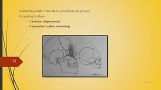 Postnatal growth of maxilla is a multifactorial process
According to Moss-
• Translation (displacement)
• Transposition (surface remodeling)
4/14/2018
53
 