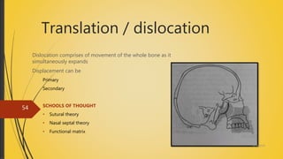 Translation / dislocation
Dislocation comprises of movement of the whole bone as it
simultaneously expands
Displacement can be
Primary
Secondary
SCHOOLS OF THOUGHT
• Sutural theory
• Nasal septal theory
• Functional matrix
4/14/2018
54
 