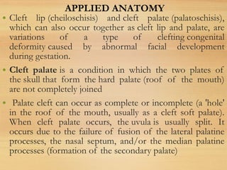 • Cleft lip (cheiloschisis) and cleft palate (palatoschisis),
which can also occur together as cleft lip and palate, are
variations of a type of clefting congenital
deformity caused by abnormal facial development
during gestation.
• Cleft palate is a condition in which the two plates of
the skull that form the hard palate (roof of the mouth)
are not completely joined
• Palate cleft can occur as complete or incomplete (a 'hole'
in the roof of the mouth, usually as a cleft soft palate).
When cleft palate occurs, the uvula is usually split. It
occurs due to the failure of fusion of the lateral palatine
processes, the nasal septum, and/or the median palatine
processes (formation of the secondary palate)
APPLIED ANATOMY
 