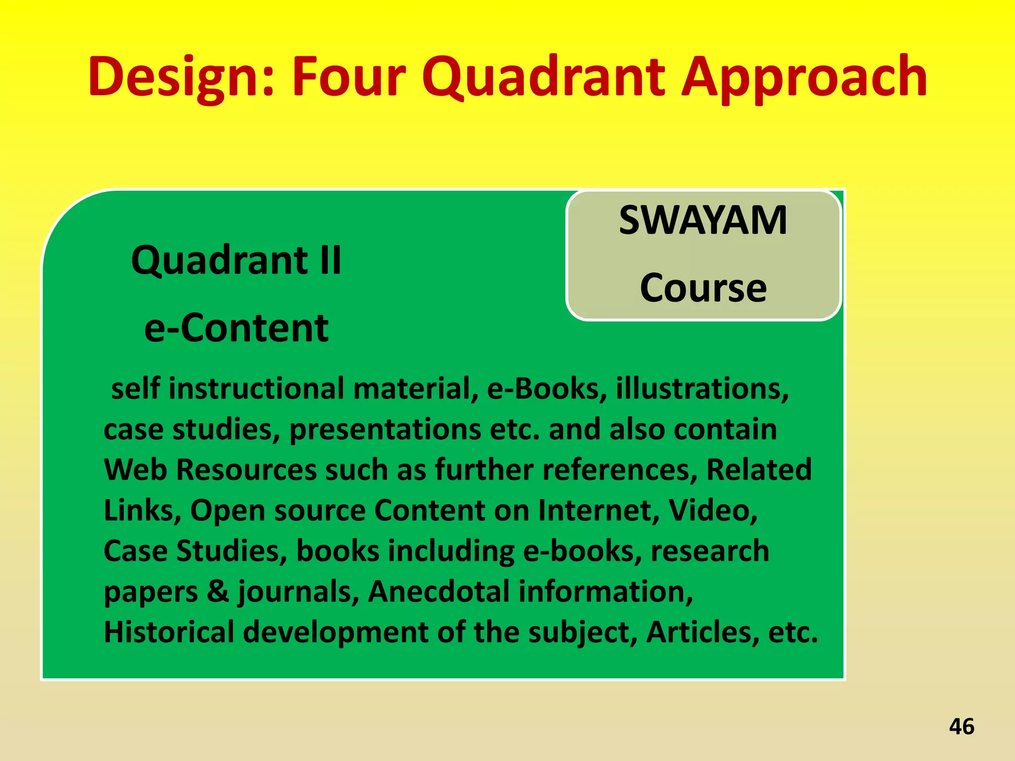 Design: Four Quadrant Approach
SWAYAM
Course
46
self instructional material, e-Books, illustrations,
case studies, presentations etc. and also contain
Web Resources such as further references, Related
Links, Open source Content on Internet, Video,
Case Studies, books including e-books, research
papers & journals, Anecdotal information,
Historical development of the subject, Articles, etc.
Quadrant II
e-Content
 