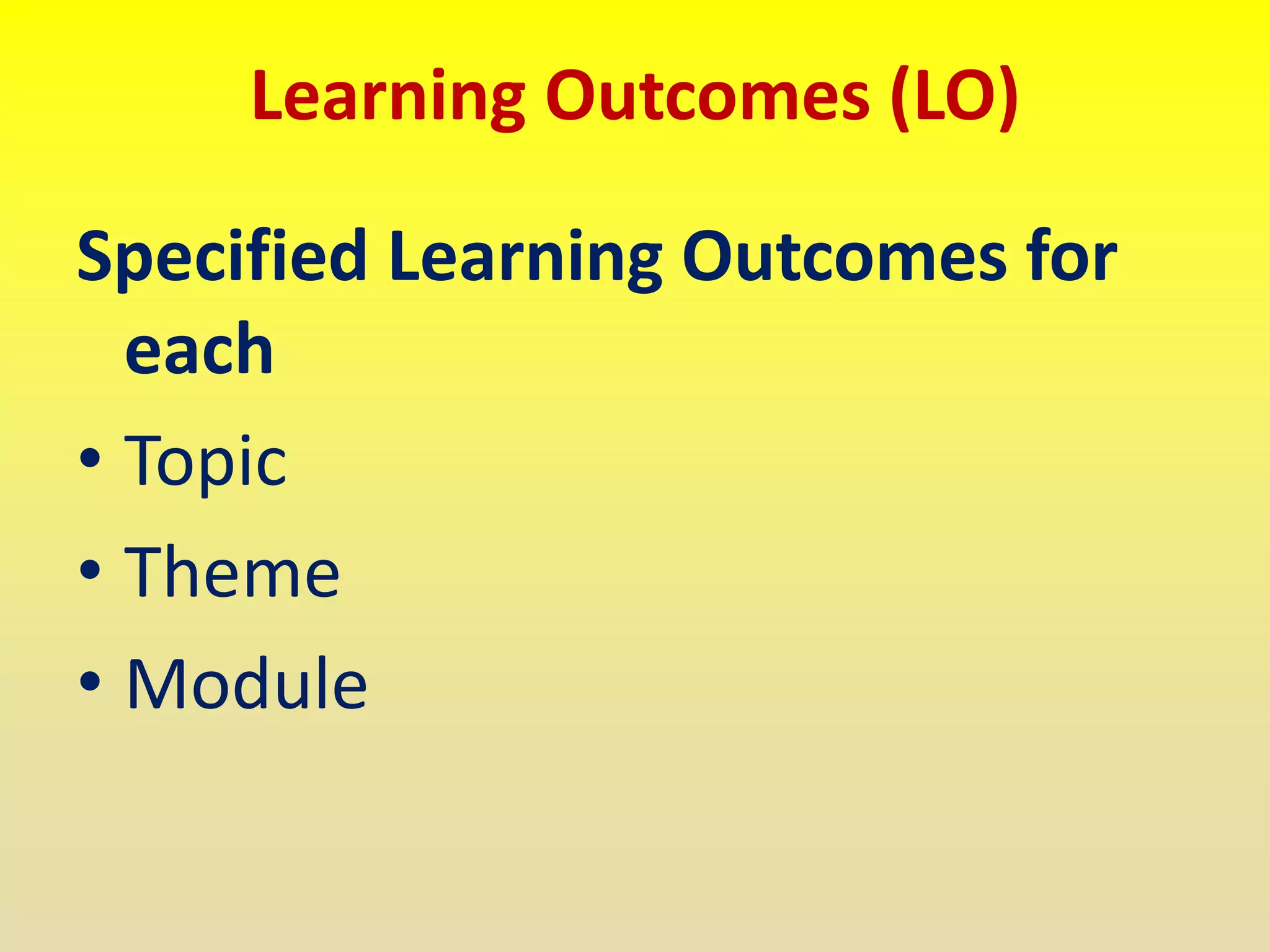 Learning Outcomes (LO)
Specified Learning Outcomes for
each
• Topic
• Theme
• Module
 