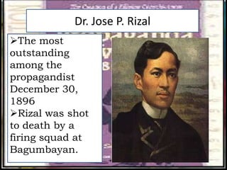 Dr. Jose P. Rizal
The most
outstanding
among the
propagandist
December 30,
1896
Rizal was shot
to death by a
firing squad at
Bagumbayan.
 