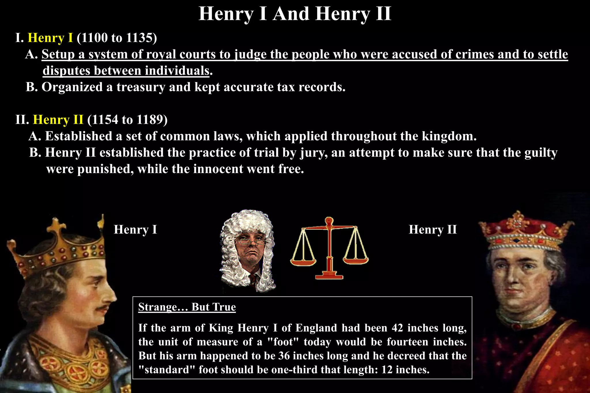 Henry I And Henry II
Henry I Henry II
I. Henry I (1100 to 1135)
A. Setup a system of royal courts to judge the people who were accused of crimes and to settle
disputes between individuals.
B. Organized a treasury and kept accurate tax records.
II. Henry II (1154 to 1189)
A. Established a set of common laws, which applied throughout the kingdom.
B. Henry II established the practice of trial by jury, an attempt to make sure that the guilty
were punished, while the innocent went free.
Strange… But True
If the arm of King Henry I of England had been 42 inches long,
the unit of measure of a "foot" today would be fourteen inches.
But his arm happened to be 36 inches long and he decreed that the
"standard" foot should be one-third that length: 12 inches.
 