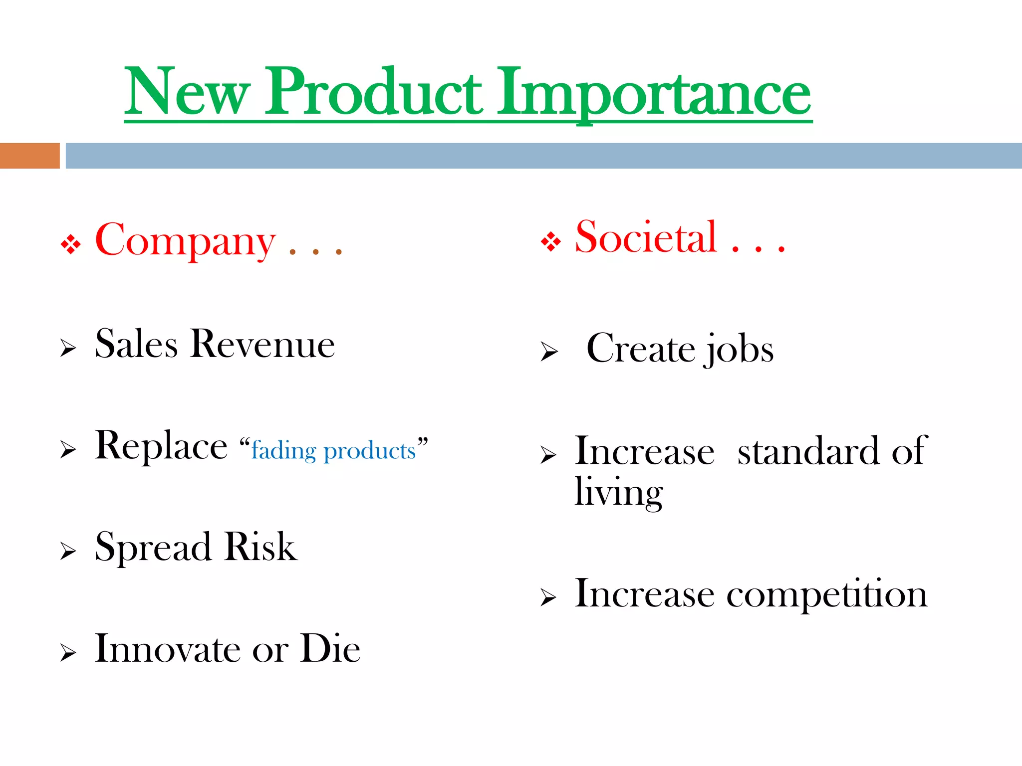 New Product Importance

   Company . . .                  Societal . . .

   Sales Revenue                  Create jobs

   Replace “fading products”      Increase standard of
                                    living
   Spread Risk
                                   Increase competition
   Innovate or Die
 