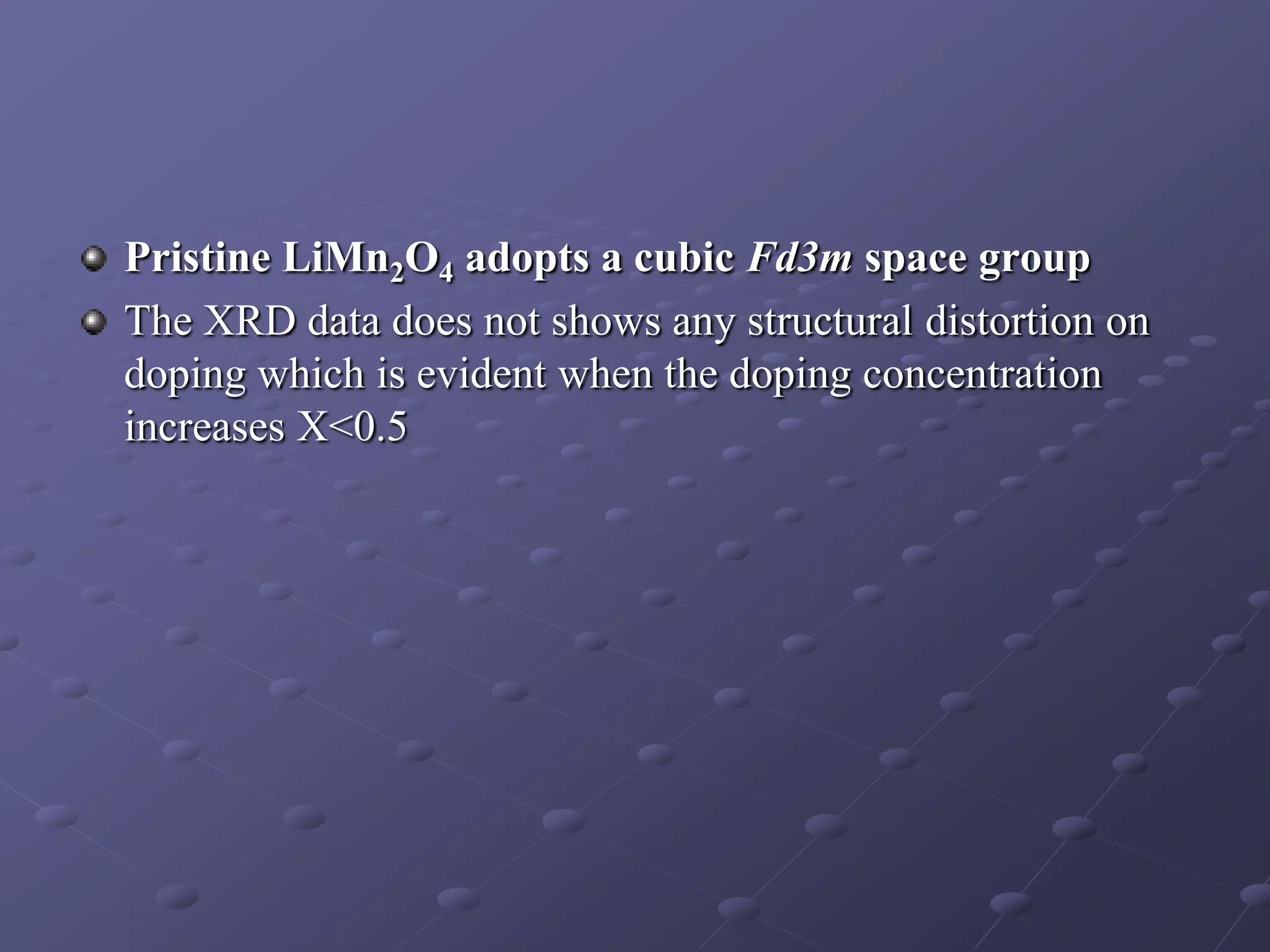 Pristine LiMn2O4 adopts a cubic Fd3m space group
The XRD data does not shows any structural distortion on
doping which is evident when the doping concentration
increases X<0.5
 