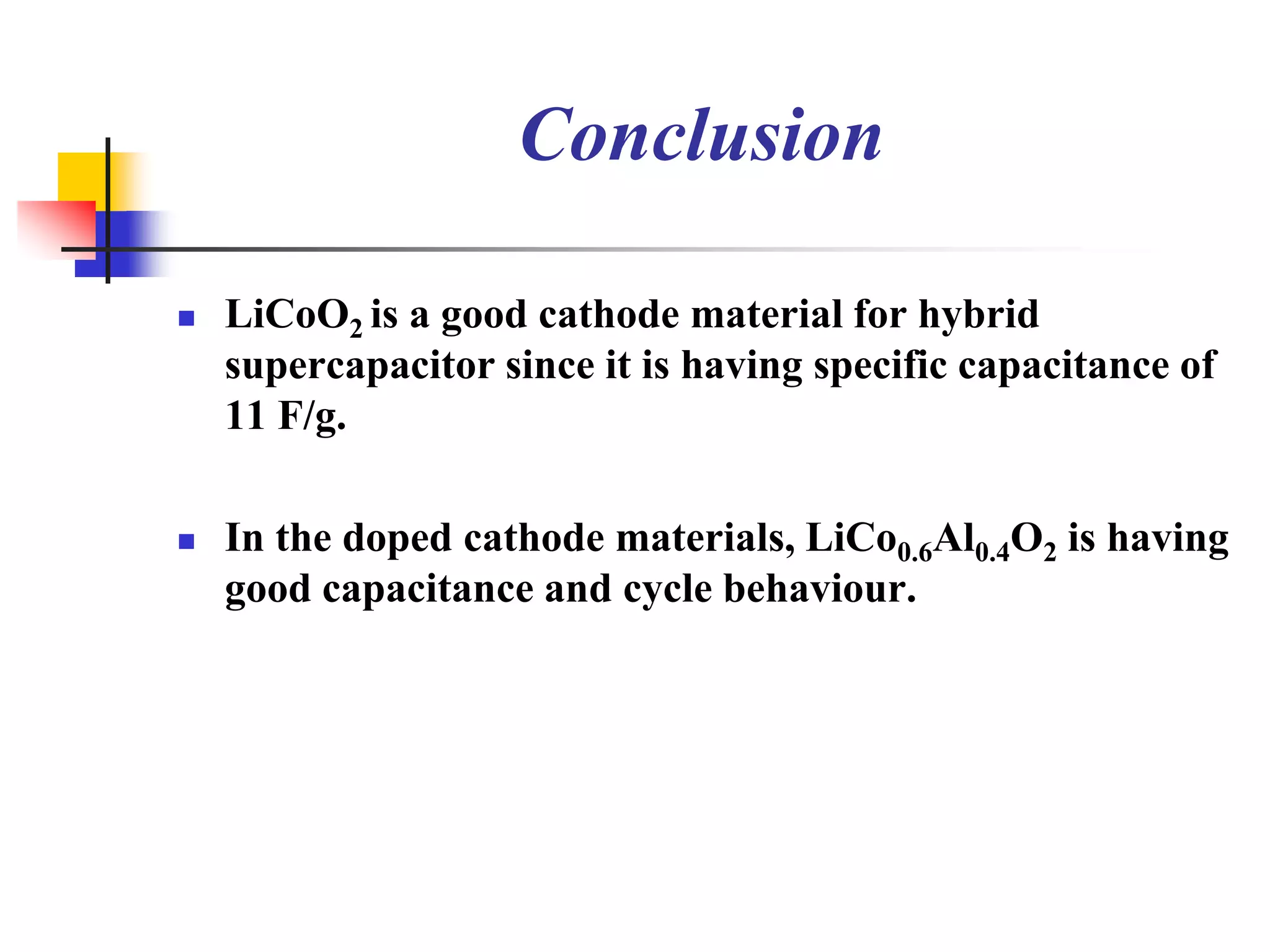 Conclusion

   LiCoO2 is a good cathode material for hybrid
    supercapacitor since it is having specific capacitance of
    11 F/g.

   In the doped cathode materials, LiCo0.6Al0.4O2 is having
    good capacitance and cycle behaviour.
 