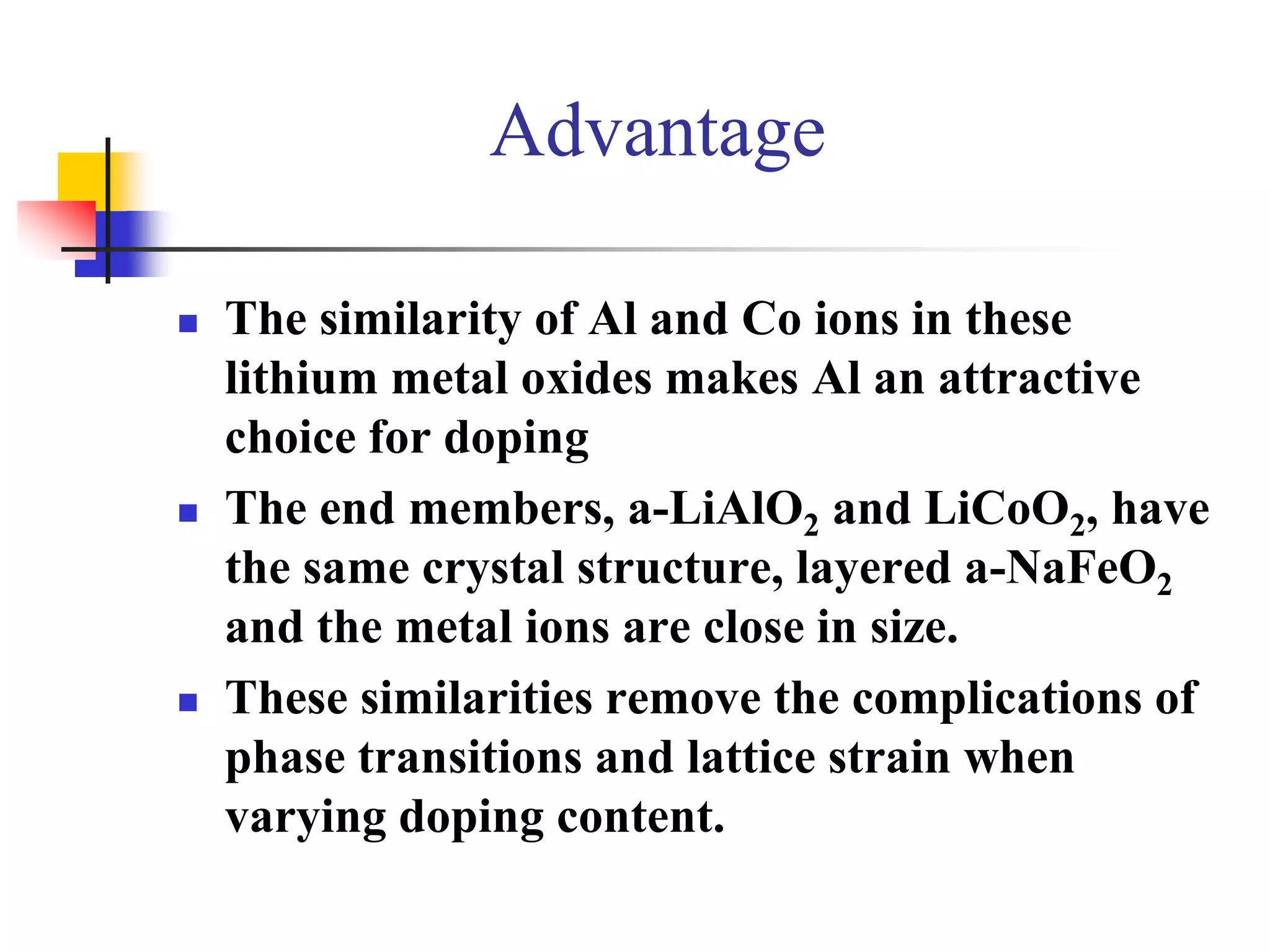 Advantage

   The similarity of Al and Co ions in these
    lithium metal oxides makes Al an attractive
    choice for doping
   The end members, a-LiAlO2 and LiCoO2, have
    the same crystal structure, layered a-NaFeO2
    and the metal ions are close in size.
   These similarities remove the complications of
    phase transitions and lattice strain when
    varying doping content.
 