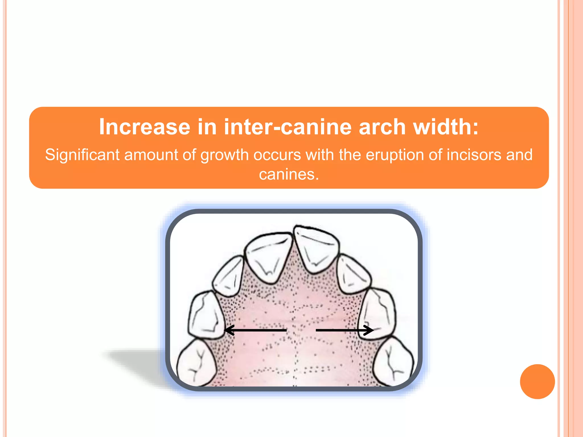 Increase in inter-canine arch width:
Significant amount of growth occurs with the eruption of incisors and
canines.
 