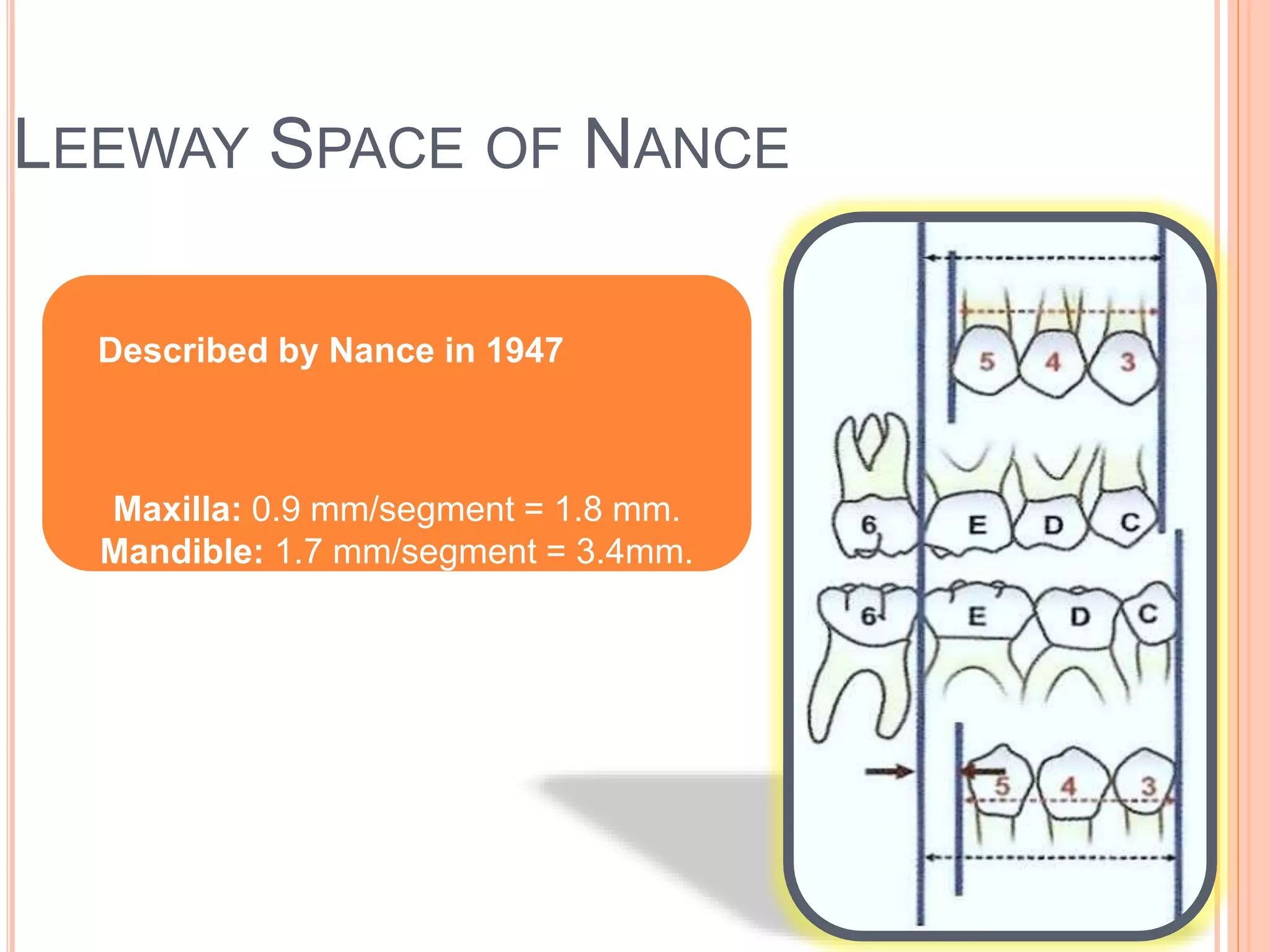 LEEWAY SPACE OF NANCE
• Described by Nance in 1947
Maxilla: 0.9 mm/segment = 1.8 mm.
Mandible: 1.7 mm/segment = 3.4mm.
 