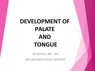 DEVELOPMENT OF
PALATE
AND
TONGUE
DR AMITHA G, BDS, MDS
ORAL AND MAXILLOFACIAL PATHOLOGY
 