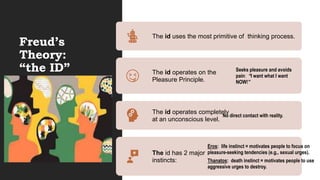 Freud’s
Theory:
“the ID”
The id uses the most primitive of thinking process.
The id operates on the
Pleasure Principle.
Seeks pleasure and avoids
pain: “I want what I want
NOW!”
The id operates completely
at an unconscious level.
No direct contact with reality.
The id has 2 major
instincts:
Eros: life instinct = motivates people to focus on
pleasure-seeking tendencies (e.g., sexual urges).
Thanatos: death instinct = motivates people to use
aggressive urges to destroy.
 