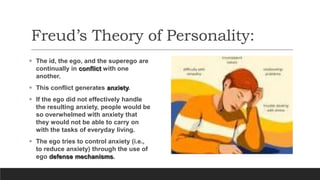 Freud’s Theory of Personality:
 The id, the ego, and the superego are
continually in conflict with one
another.
 This conflict generates anxiety.
 If the ego did not effectively handle
the resulting anxiety, people would be
so overwhelmed with anxiety that
they would not be able to carry on
with the tasks of everyday living.
 The ego tries to control anxiety (i.e.,
to reduce anxiety) through the use of
ego defense mechanisms.
 