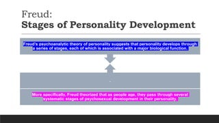 Freud:
Stages of Personality Development
More specifically, Freud theorized that as people age, they pass through several
systematic stages of psychosexual development in their personality.
.
Freud’s psychoanalytic theory of personality suggests that personality develops through
a series of stages, each of which is associated with a major biological function.
 
