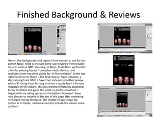Finished Background & Reviews



Here is the backgroudn and layout I have chosen to use for my
poster. Now I need to include some user reviews from reliable
sources such as NME, Kerrang, or Mojo. To do this I wil transfer
a similar existing layout from other media devices and
replicate them into ones viable for ‘In Transmission’. In the top
right hand corner there is the first review I have included, a
star ranking from NME. I have then included a further review
with a ‘K’ rating from Kerrang and also a quote from a famous
musician on the album. This has worked effectively according
to my feedback and gives the poster a professional feel. I
began with my rating system at the bottom however I have
now chosen to move it to the top of the page after reviewing
my target market feedback. The middle image shows my
poster as it stands, I will now need to include the album name
and font.
 